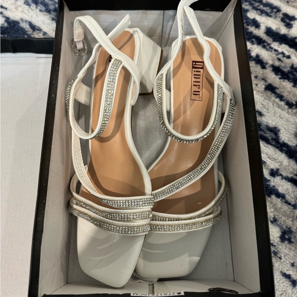 Small white heels with rhinestones never worn